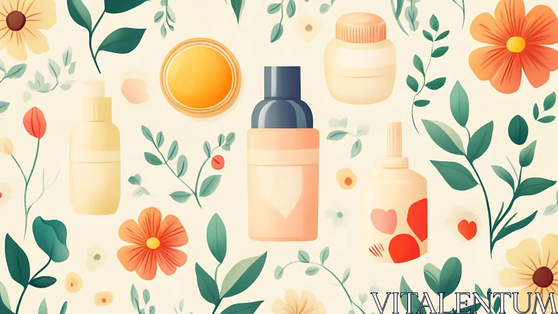 Skin care containers with floral botanical decorative background.