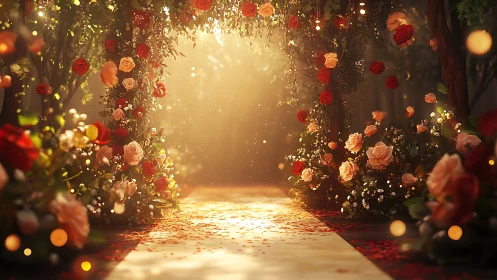 Romantic rose garden aisle glowing in soft golden light.