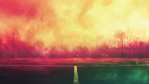 Empty sports field under intense red yellow gradient sky.