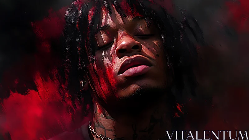 Digital portrait of male figure with red and black overlay.