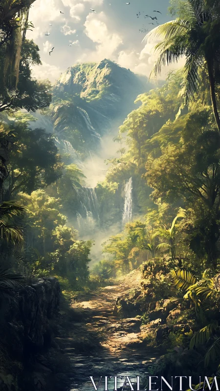 Tropical Canyon Gorge With Cascading Waterfalls Through Verdant Jungle.