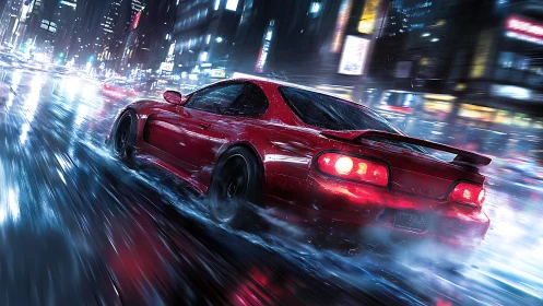 Red street racer storms through neon-soaked night cityscape.