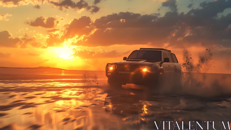 SUV drives through shallow water in front of vivid sunset