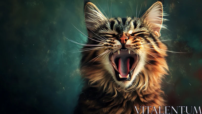 Tabby Cat Yawning with Mouth Wide Open Against Teal Background