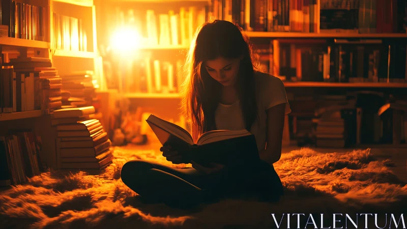 Warm lamplit library scene with girl reading on floor.