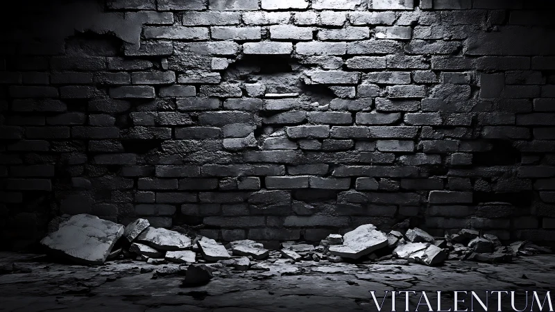 Damaged Brick Wall with Crumbling Foundation and Debris