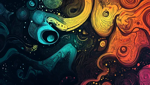 Abstract swirling cosmic shapes in bold gradient colors