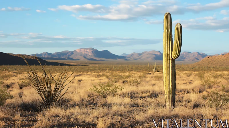 Photographic desert landscape with saguaro vertical emphasis.
