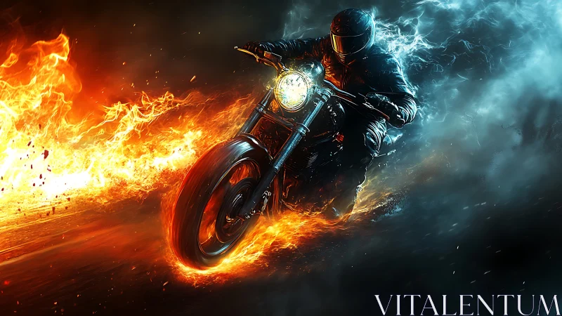 Fiery motorcycle rider cuts through blazing inferno and smoke.