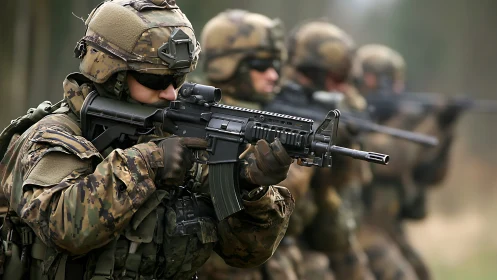 Soldiers in tactical formation aim rifles with shallow depth