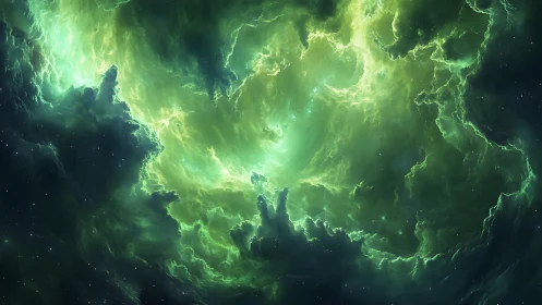 Emerald cosmic nebula swirls with luminous storm energy.