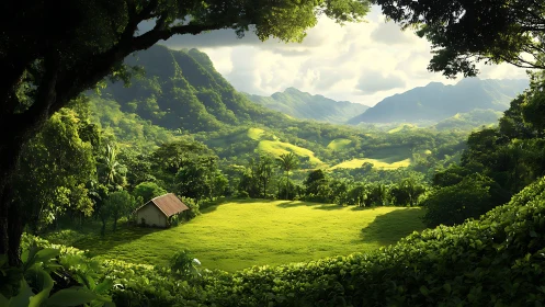 Lush tropical valley meadow with cottage under framed canopy.