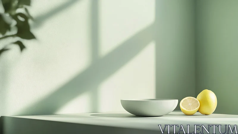 Sunlit lemons quietly rehearse shadows on a pale stage