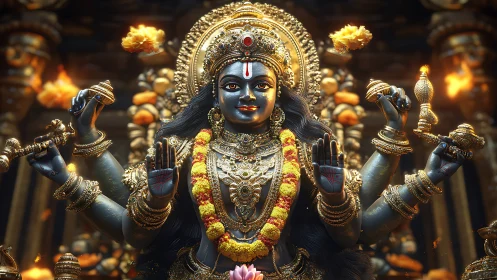 Multi-armed Hindu goddess statue rendered in ornate detail