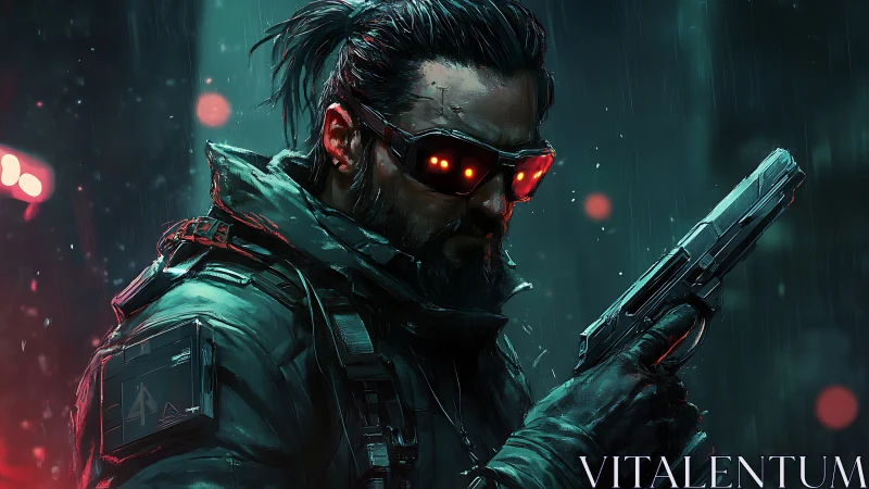 Cybernetic gunman readies his weapon in neon rain-soaked night