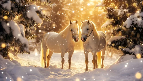 Two white horses standing in snowy forest under warm light.