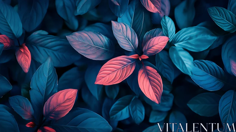 Digital foliage render isolates red-tinted leaves among blue