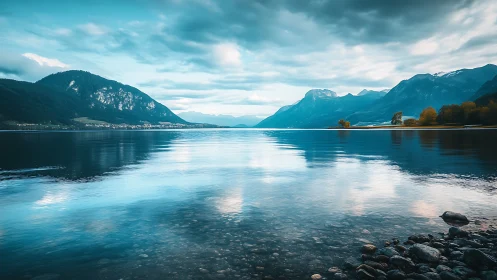 Calm mountain lake under overcast sky with clear reflections.
