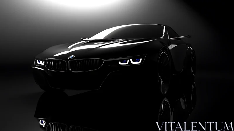 Sleek black sports coupe glows under dramatic studio light