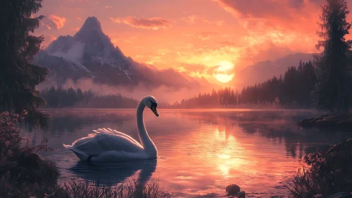 Swan occupies foreground of diffuse sunset mountain lake scene