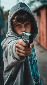 Hooded boy aiming handgun in tense urban alleyway scene.