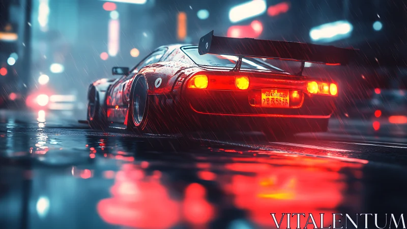 Modified red sports car glows in rainy neon city street