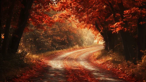 Curving forest road glows under dense red autumn canopy