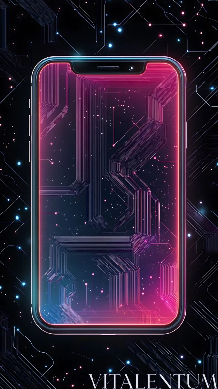 Neon smartphone interface with luminous circuit panels.