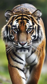 Tiger strides forward with intense focused gaze in forest