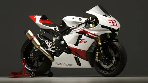 White racing motorcycle on paddock stand in studio setting.