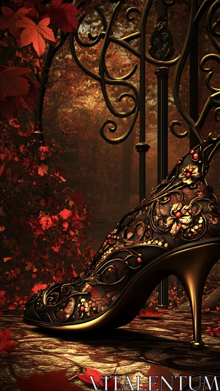 Ornate high-heeled shoe rests before wrought iron gate