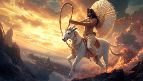 Mythic warrior on divine white steed above burning realm.