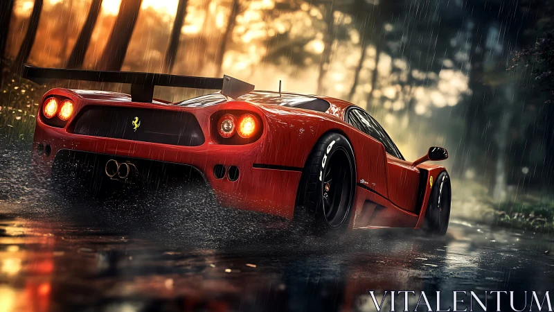 Red supercar powers through rainy forest road at sunset