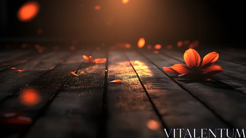 Fallen orange flower glows softly on weathered wooden boards