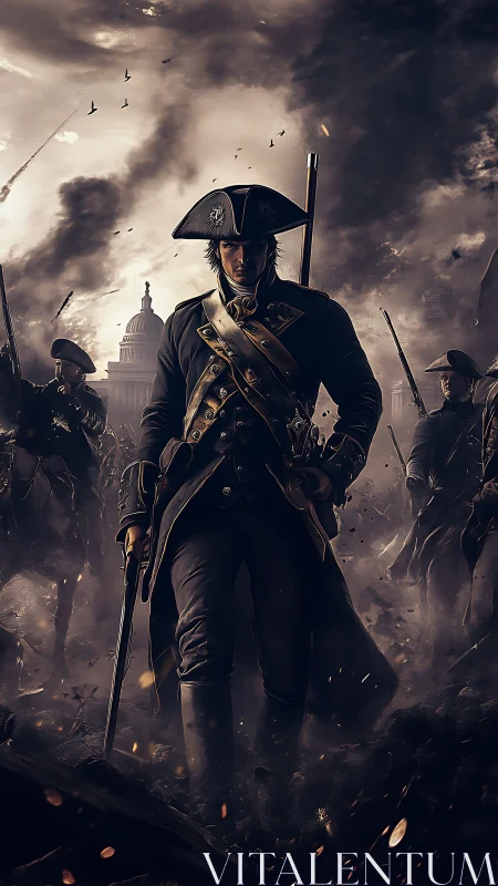 Stormstriding commander in smoky revolution march.