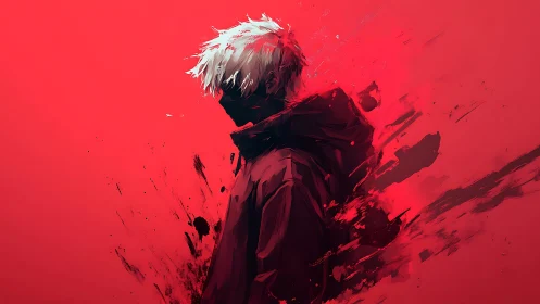 Solitary hooded figure dissolves into dynamic crimson strokes