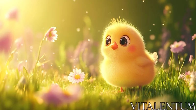 Fluffy baby chick glows in dreamy spring meadow light.