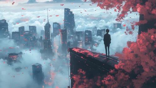 Solitary observer on aerial ledge overlooking fog-drowned megacity