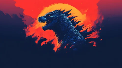 Roaring monster silhouette against vivid red sun backdrop.