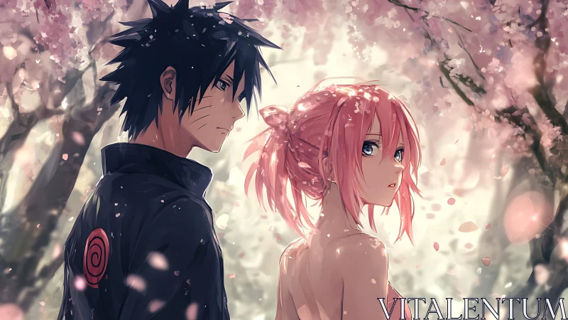 Anime duo beneath luminous cherry blossom particulate field.