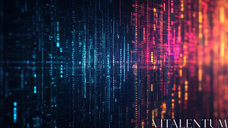 Vertical neon data streams map complex digital signal density