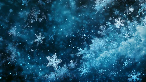 Blue winter background with detailed falling snowflakes.