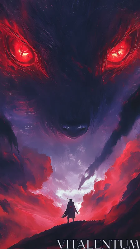Lone figure confronts colossal red eyed shadow beast