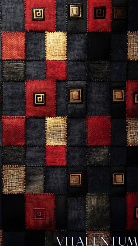 Geometric textile patchwork blends red, gold, and black squares.