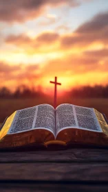 Open Bible on wooden table before glowing sunset cross.
