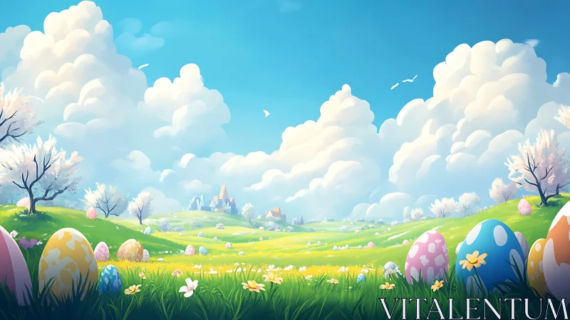 Painted eggs in spring meadow with distant village skyline.