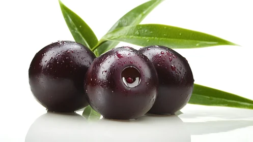 Midnight plums gleam with dewdrops on glossy white stage.