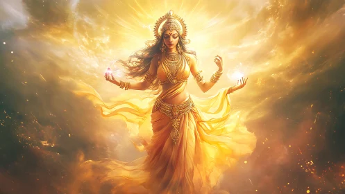 Radiant goddess in golden aura commands celestial energy.