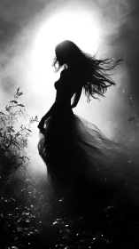 Silhouetted woman in flowing dress before bright moon.