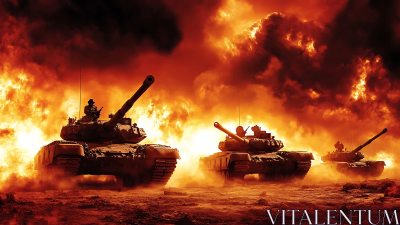 Military tanks advancing through inferno of fire and dust